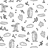 Seamless black and white kids tribal vector pattern with penguins and triangles.