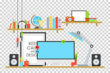 Office workplace design concept set with book shelves and cup of coffee on desk vector illustration. Computer, lamp, sound acoustic