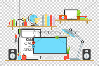 Office workplace design concept set with book shelves and cup of coffee on desk vector illustration. Computer, lamp, sound acoustic