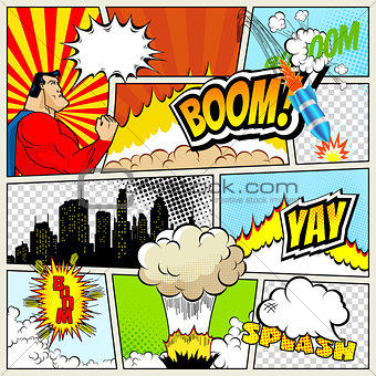 High detail vector mock-up of typical comic book page with various speech bubbles, symbols and sound effects colored Halftone Backgrounds superhero