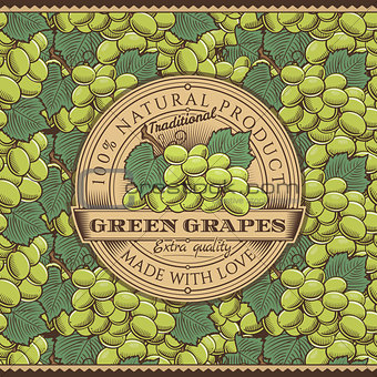 Vintage Green Grapes Label On Seamless Pattern