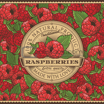 Vintage Raspberries Label On Seamless Pattern