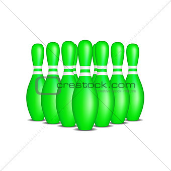 Bowling pins in green design with white stripes standing in formation