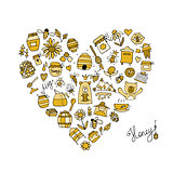 Honey apiary icons, heart shape. Sketch for your design