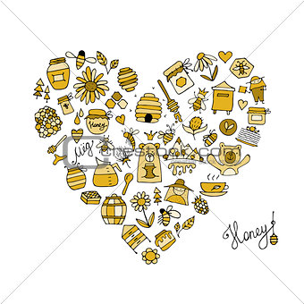 Honey apiary icons, heart shape. Sketch for your design