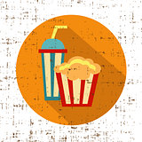 Carton bowl full of popcorn and paper glass of drink, screen texture vector