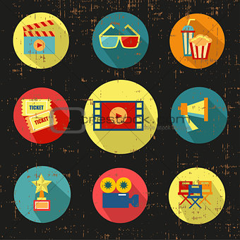 Movie icon set,black version,grunge vector with screen texture