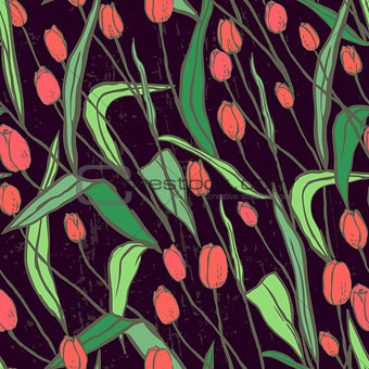 Seamless pattern with spring flowers/Red and orange tulips