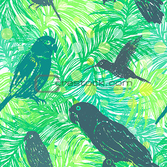 Ink hand drawn Jungle seamless pattern with Birds on Palm leaves