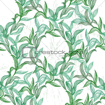 Seamless pattern with green line leaves