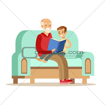 Grandfather And Boy Reading A Book, Part Of Grandparents Having Fun With Grandchildren Series