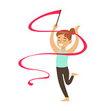 Little Girl Doing Rhythmic Gymnastics Exercise With Ribbon In Class, Future Sports Professional