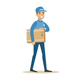 Delivery Service Worker Holding A Box Under Armpit, Smiling Courier Delivering Packages Illustration