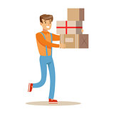 Delivery Service Worker Hurrying With Pile Of Boxes, Smiling Courier Delivering Packages Illustration