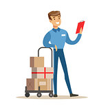 Delivery Service Worker Checking His Clipboard Leaning On Cart, Smiling Courier Delivering Packages Illustration