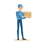 Delivery Service Worker Holding Small Fragile Box, Smiling Courier Delivering Packages Illustration