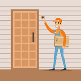 Delivery Service Worker Ringing The Appartment Doorbell, Smiling Courier Delivering Packages Illustration