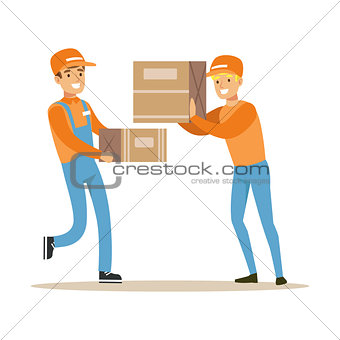 Delivery Service Workers Helping Each Other With Boxes, Smiling Courier Delivering Packages Illustration