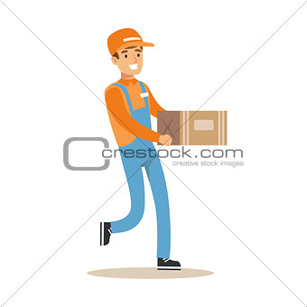 Delivery Service Worker Running Holding Carton Box, Smiling Courier Delivering Packages Illustration