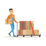 Delivery Service Worker Pushing Loaded Cart, Smiling Courier Delivering Packages Illustration