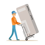 Delivery Service Worker With Large Fridge On Cart, Smiling Courier Delivering Packages Illustration