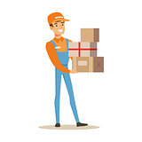 Delivery Service Worker In Dungarees Holding Pile Of Boxes, Smiling Courier Delivering Packages Illustration
