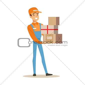 Delivery Service Worker In Dungarees Holding Pile Of Boxes, Smiling Courier Delivering Packages Illustration