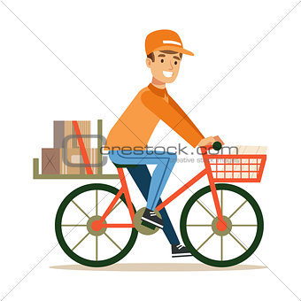 Delivery Service Worker Delivering Boxes With Bycicle, Smiling Courier Delivering Packages Illustration