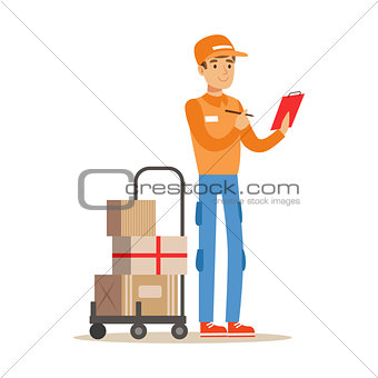 Delivery Service Worker Crossing Out Address From Check List, Smiling Courier Delivering Packages Illustration
