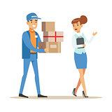 Woman Showing The Way For Delivery Service Worker, Smiling Courier Delivering Packages Illustration