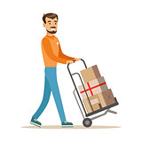 Delivery Service Worker Driving Cart With Pile Of Boxes, Smiling Courier Delivering Packages Illustration