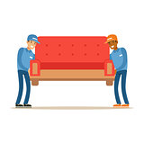Delivery Service Worker Helping With Moving Carrying Sofa, Smiling Courier Delivering Packages Illustration