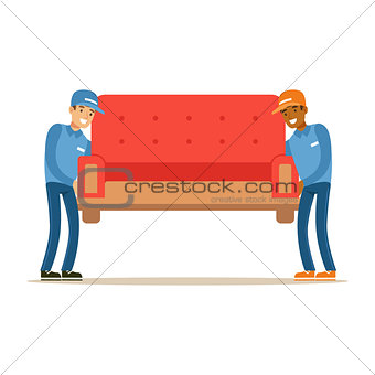 Delivery Service Worker Helping With Moving Carrying Sofa, Smiling Courier Delivering Packages Illustration