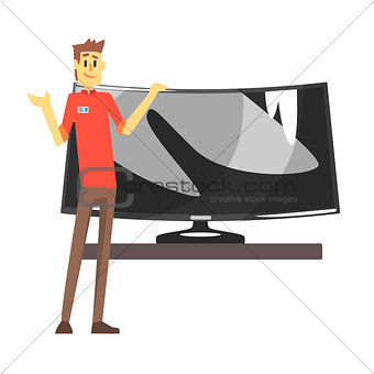 Shop Assistant Selling Wide TV Screen, Department Store Shopping For Domestic Equipment And Electronic Objects For Home