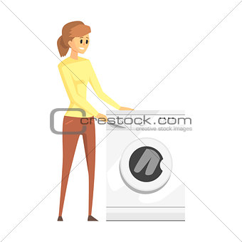 Woman Next To Washing Machine, Department Store Shopping For Domestic Equipment And Electronic Objects For Home