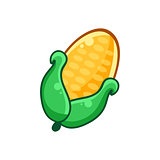 Corn Vegetable With Leaves, Food Item Outlined Isolated Childish Icon For Flash Game Design Or Slot Machine