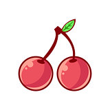 Two Cherries With Leaf, Food Item Outlined Isolated Childish Icon For Flash Game Design Or Slot Machine