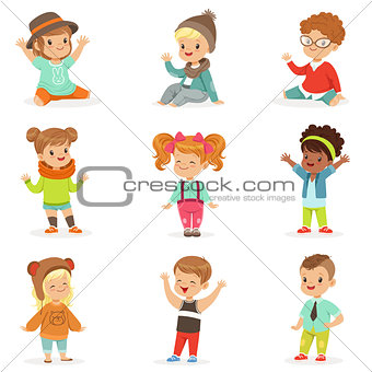 Young Children Dressed In Cute Kids Fashion Clothes, Set Of Illustrations With Kids And Style