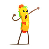 Hot Dog In Champion Belt Street Fighter, Fast Food Bad Guy Cartoon Character Fighting Illustration