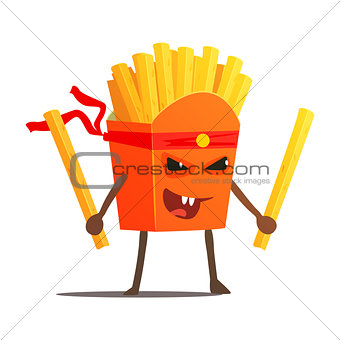 Pack Of Fries With Two Sticks Karate Fighter, Fast Food Bad Guy Cartoon Character Fighting Illustration