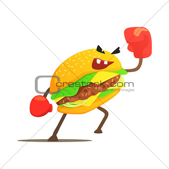 Burger Sandwich Box Fighter In Gloves, Fast Food Bad Guy Cartoon Character Fighting Illustration