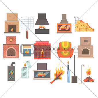 Indoors And Outdoors Fireplaces And Bonfires With Related Attributes And Tools Set Of Vector Cartoon Objects
