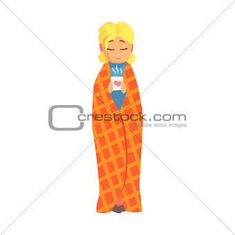 Girl Wrapped In Blanket With Hot Drink Having Cold,Adult Person Feeling Unwell, Sick, Suffering From Illness