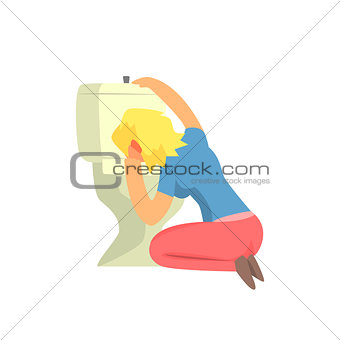 Girl Vomiting In Toilet Nauseous, Adult Person Feeling Unwell, Sick, Suffering From Illness