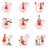 Woman In Red Dress Taking On Traditional Male Roles And Exchanging Places With Man, Set Of Feminism Illustration And Female Power