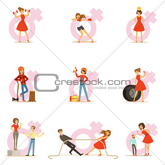 Woman In Red Dress Taking On Traditional Male Roles And Exchanging Places With Man, Series Of Feminism Illustration And Female Power