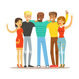 Young Friends From All Around The World Standing Hugging, Happy International Friendship Vector Cartoon Illustration