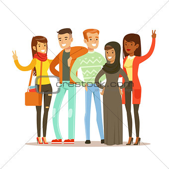 Young Friends From All Around The World Standing Posing For Photo, Happy International Friendship Vector Cartoon Illustration