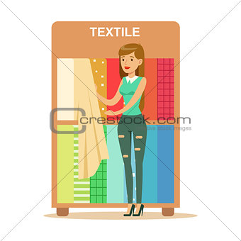 Woman Choosing Textile Drapers, Smiling Shopper In Furniture Shop Shopping For House Decor Elements