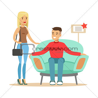 Couple Choosing Armchair For Living Room, Smiling Shopper In Furniture Shop Shopping For House Decor Elements